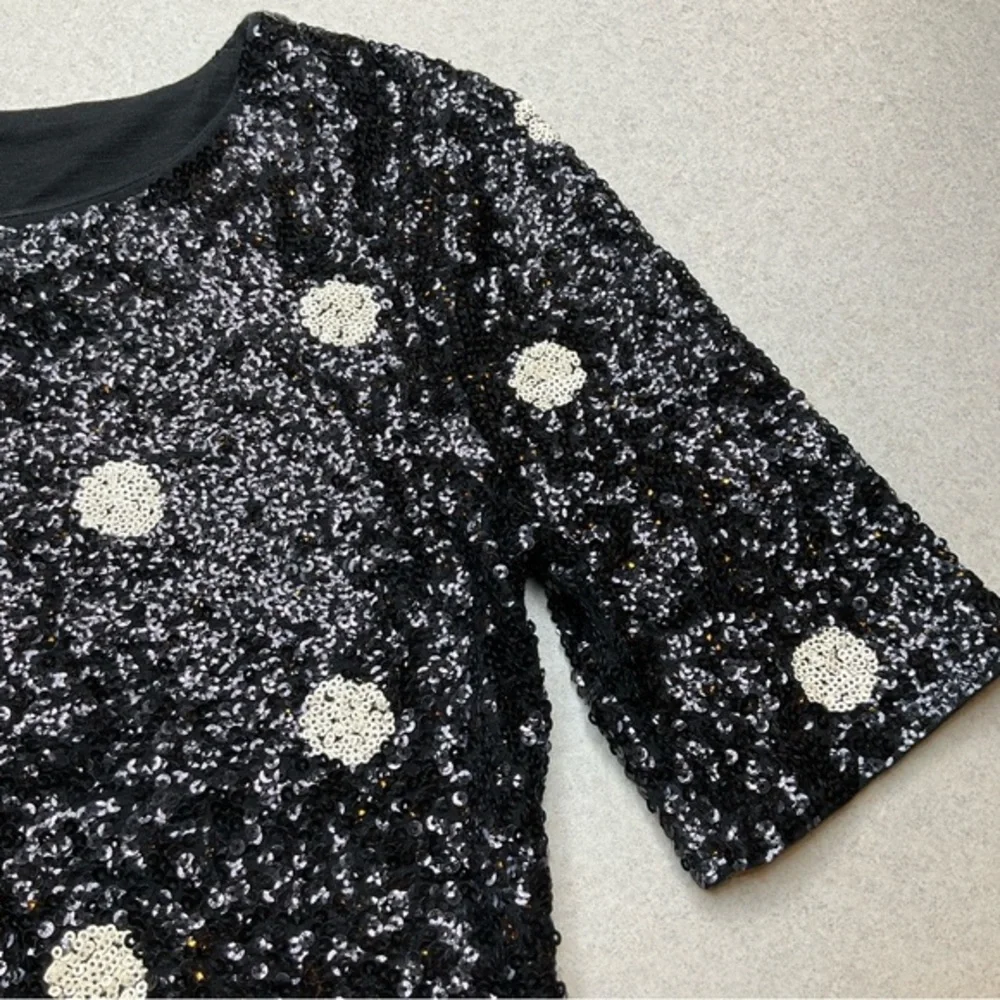 J. Crew Polka Dot Sequin Top XXS Black‎ & Cream Short Sleeve